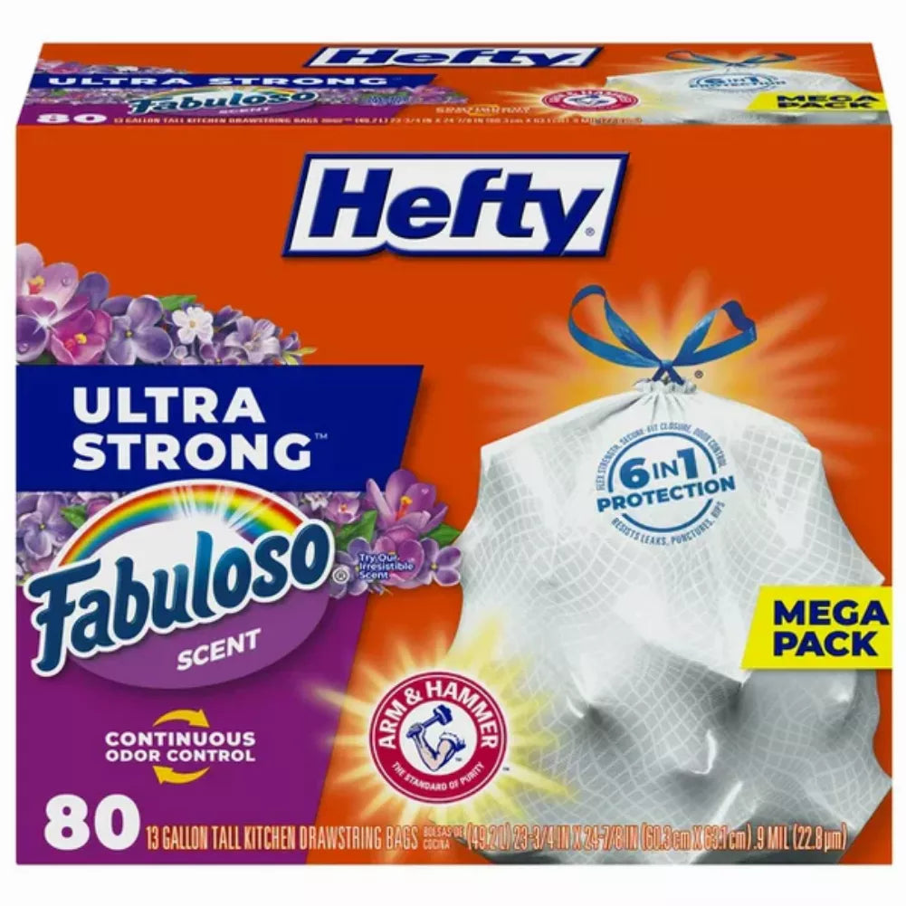 Hefty Ultra Strong Tall Kitchen Trash Bags, NEW! Fabuloso Scent, 13 Gallon, 80 Count