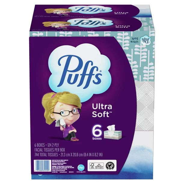 Puffs Ultra Soft Facial Tissues, Family Size Box, 124 Facial Tissues per Box, 6 Count