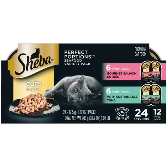 SHEBA Wet Cat Food Cuts in Gravy Variety Pack, With Sustainable Tuna and Gourmet Salmon Entree, (12) 2.6 oz. PERFECT PORTIONS Twin-Pack Trays