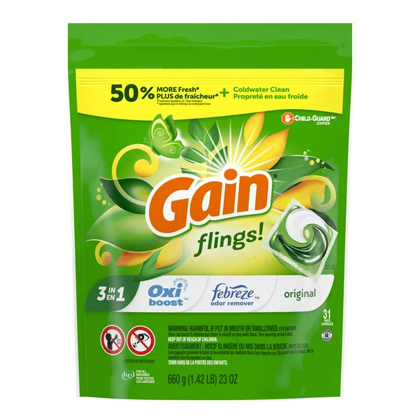 Gain Flings Laundry Detergent Pacs, 31 Count, Original Scent