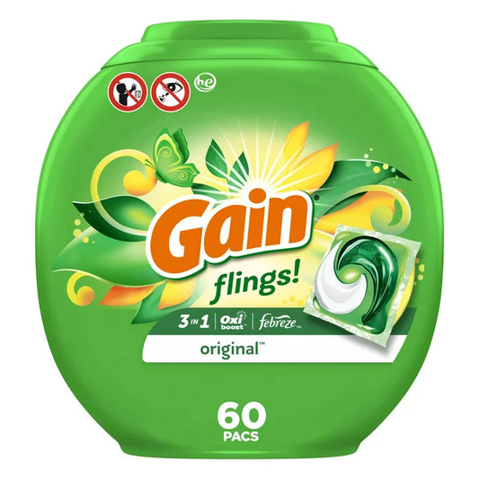 Gain Flings Laundry Detergent Soap Pacs, 60 Ct, Original Scent