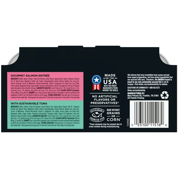 SHEBA Wet Cat Food Cuts in Gravy Variety Pack, With Sustainable Tuna and Gourmet Salmon Entree, (12) 2.6 oz. PERFECT PORTIONS Twin-Pack Trays