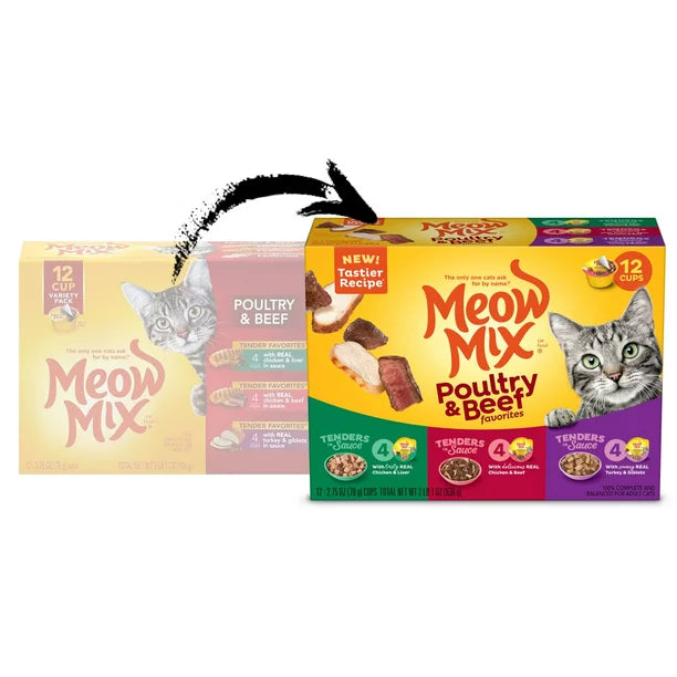 Meow Mix Tender Favorites Poultry & Beef Wet Cat Food Variety Pack, 2.75-Ounce Cups (Pack of 12)