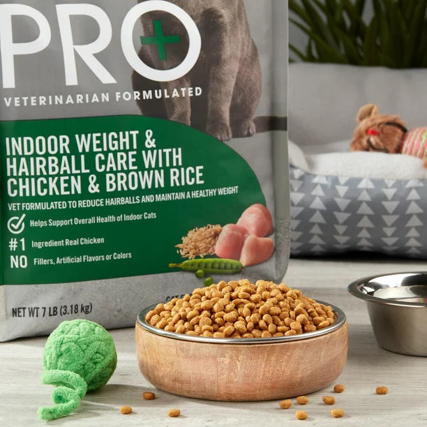 Pro+ Indoor Weight & Hairball Care Dry Cat Food, Chicken & Brown Rice, 7 lbs