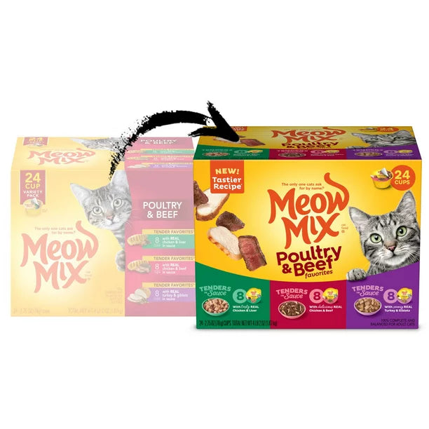 Meow Mix Tender Favorites Poultry & Beef Variety Pack Wet Cat Food, 24 Cups