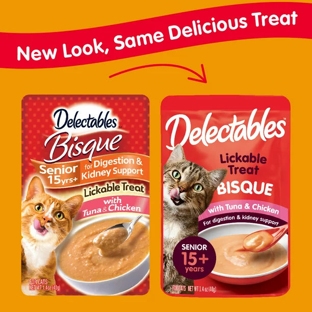 Hartz Delectables Bisque Senior 15+ Tuna & Chicken Lickable Wet Cat Treats, 1.4oz Pouch (12 Pack)