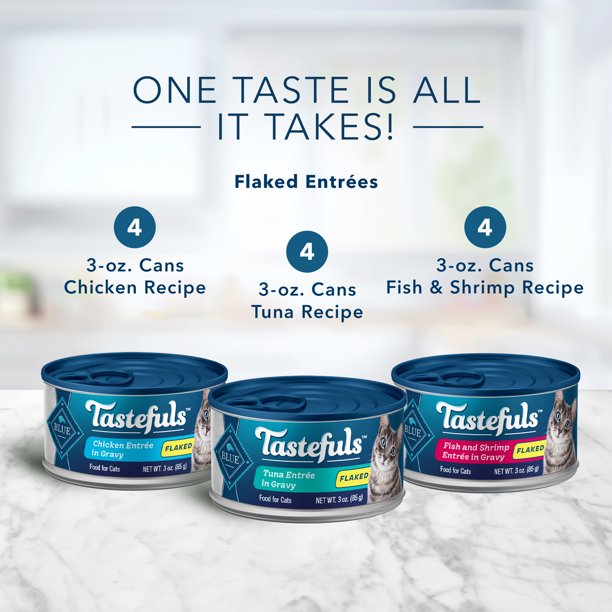 Blue Buffalo Tastefuls Tuna, Chicken, & Fish and Shrimp Flaked Wet Cat Food Variety Pack for Adult Cats, 3 oz. Cans (12 Pack)