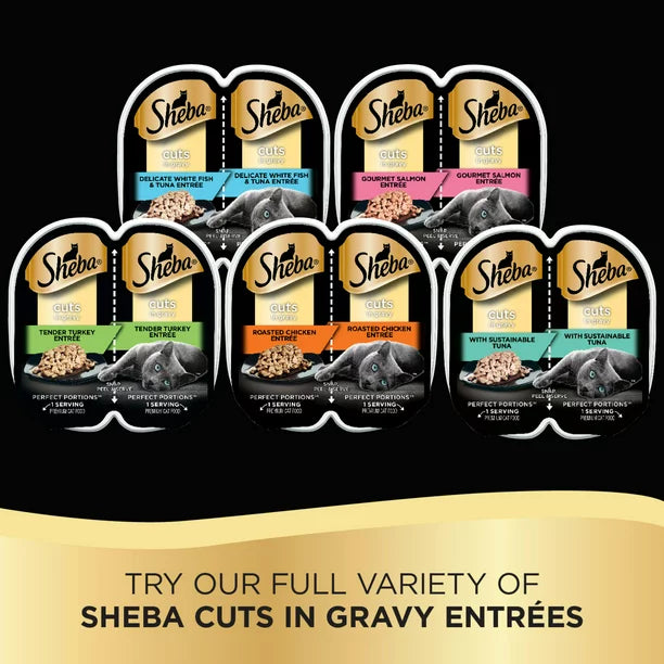 SHEBA Wet Cat Food Cuts in Gravy Variety Pack, With Sustainable Tuna and Gourmet Salmon Entree, (12) 2.6 oz. PERFECT PORTIONS Twin-Pack Trays