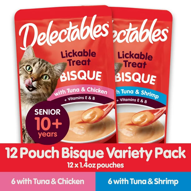 Hartz Delectables Bisque Senior 10+ Lickable Wet Cat Treats Variety Pack, 12 Pack