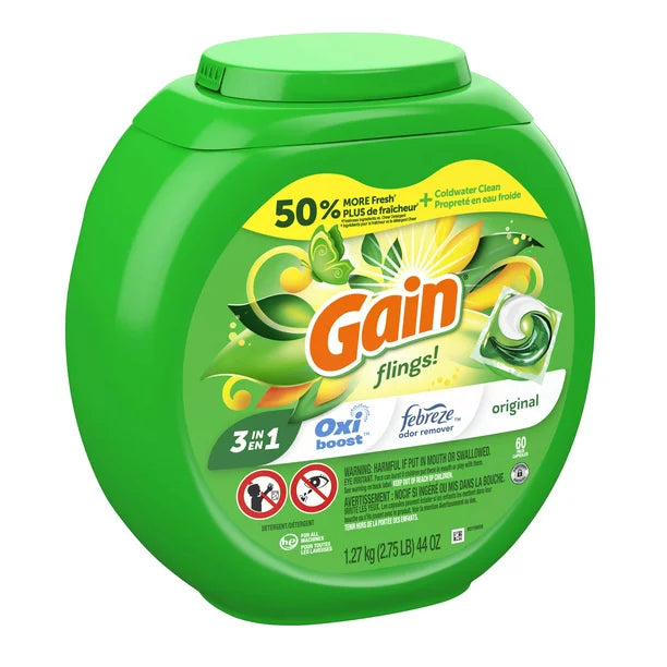 Gain Flings Laundry Detergent Soap Pacs, 60 Ct, Original Scent