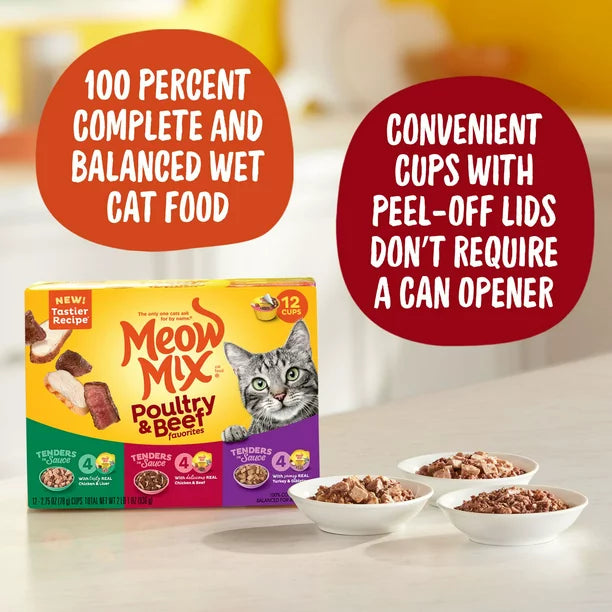 Meow Mix Tender Favorites Poultry & Beef Wet Cat Food Variety Pack, 2.75-Ounce Cups (Pack of 12)