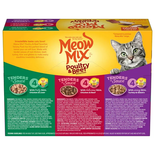 Meow Mix Tender Favorites Poultry & Beef Wet Cat Food Variety Pack, 2.75-Ounce Cups (Pack of 12)