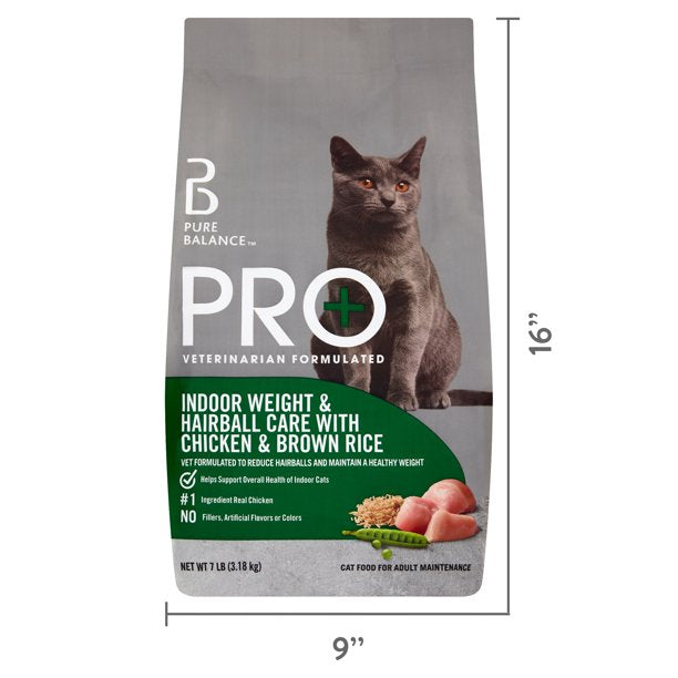 Pro+ Indoor Weight & Hairball Care Dry Cat Food, Chicken & Brown Rice, 7 lbs