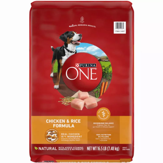 Purina One Dry Dog Food for Adult Dogs Chicken and Rice Formula, 16.5 lb Bag