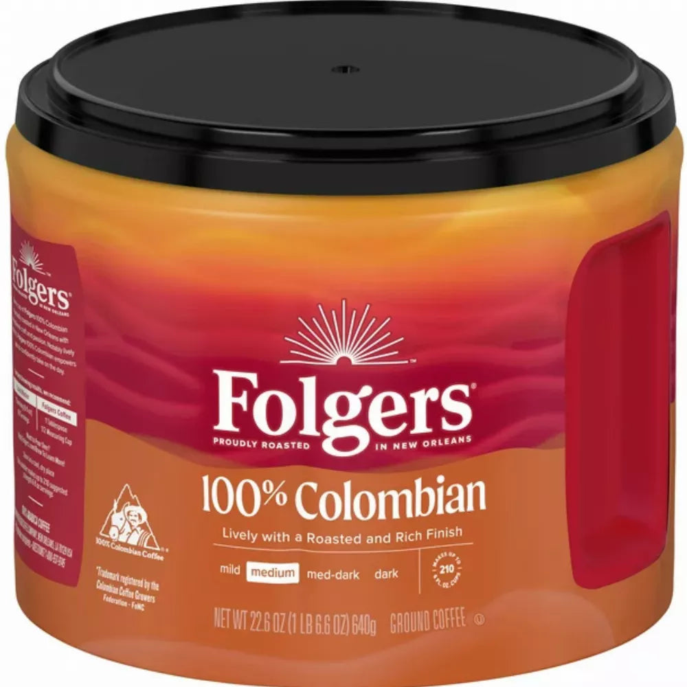 Folgers 100% Colombian Coffee, Medium Roast Ground Coffee, 22.6 Ounce Canister