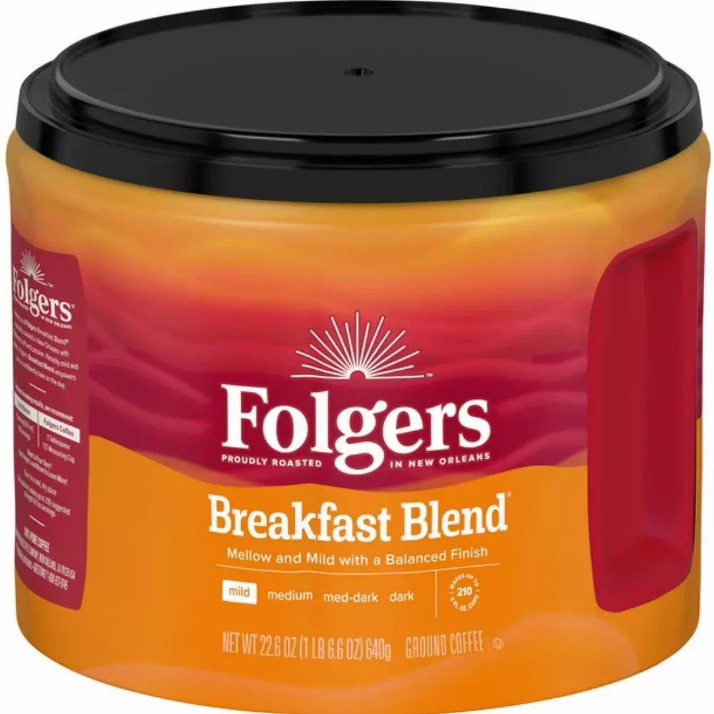 Folgers Breakfast Blend Ground Coffee, Smooth & Mild Coffee, 22.6 Ounce Canister