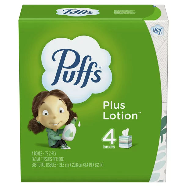 Puffs Plus Lotion Facial Tissue, Mega Cube Box, 72 Tissues Per Box, 4 Count