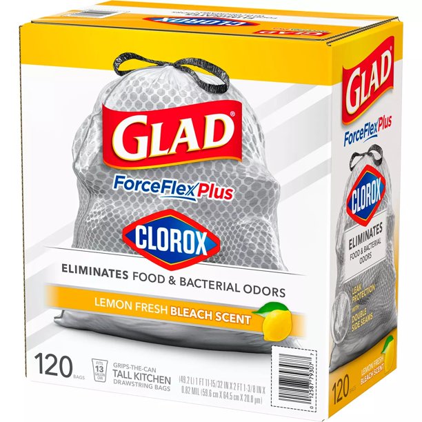 Glad ForceFlex Plus Tall Kitchen Trash Bags – With Clorox, Lemon Fresh Bleach Scent (13 gal., 120 ct.)