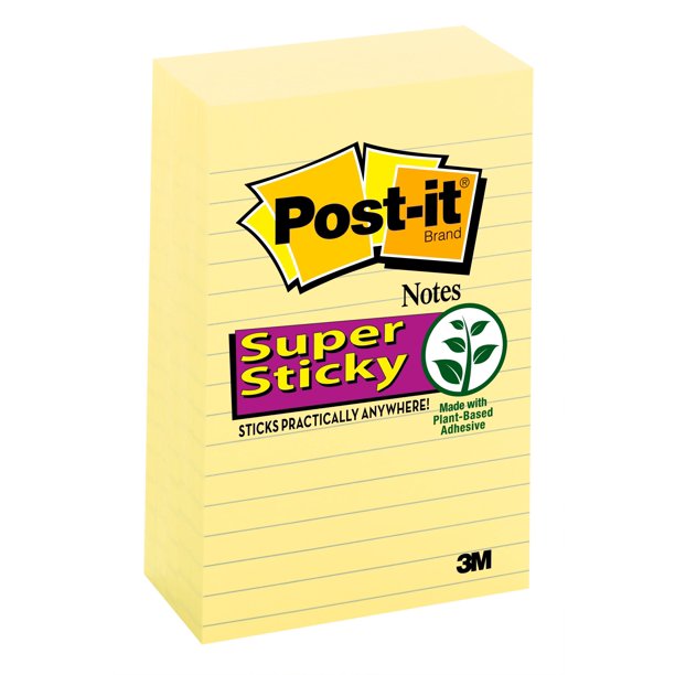 Post-it Notes Super Sticky - Canary Yellow Note Pads, 4 x 6, Lined, 90/Pad - 5 Pads/Pack