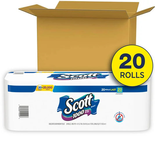 Scott 1,000 Toilet Paper, 20 Rolls, 1,000 Sheets per Roll