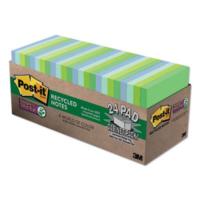 Post-it Notes Super Sticky Recycled Notes in Bora Bora Colors, 3 x 3, 70-Sheet, 24/Pack