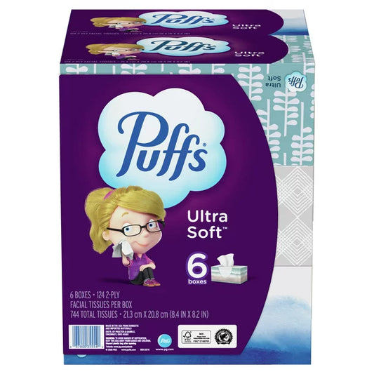 Puffs Ultra Soft Facial Tissues, Family Size Box, 124 Facial Tissues per Box, 6 Count