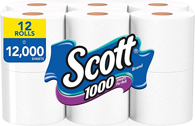 Scott 1,000 Toilet Paper, 12 Rolls, 1,000 Sheets per Roll