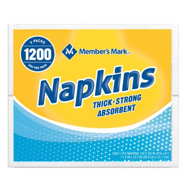 Member's Mark 1-Ply Everyday Napkins, 11.4" x 12.5" (4 pk., 300 ct. per pack, 1200 ct. total)