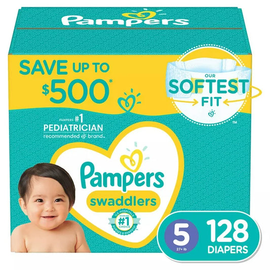 Pampers Swaddlers Softest Ever Diapers, Size 5 (27+ Pounds), 128 Count