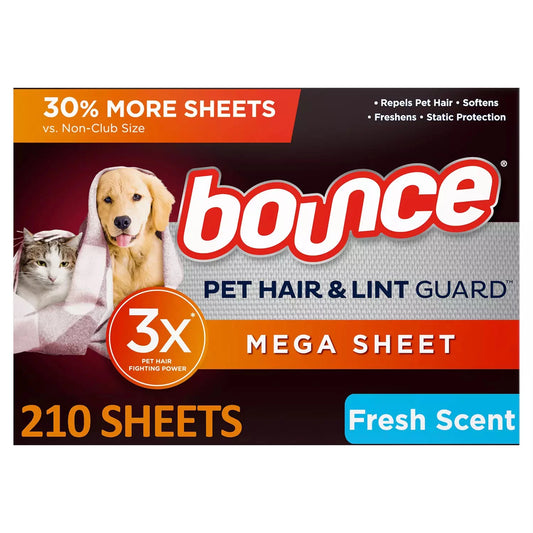 Bounce Pet Hair and Lint Guard Mega Dryer Sheets with 3X Pet Hair Fighters, Fresh Scent (210 ct.)