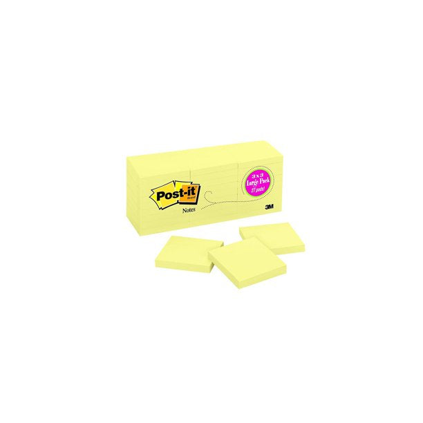 Post-it Notes, 3" x 3", Canary Yellow, 27 Pads, 2,700 Total Sheets