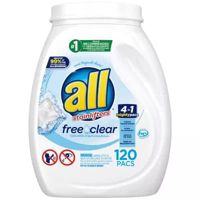 all Mighty Pacs Laundry Detergent, Free Clear for Sensitive Skin (120 ct.)