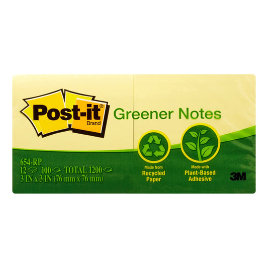 Post-it Greener Notes - Recycled Notes, 3 x 3, Canary Yellow - 12 100-Sheet Pads/Pack