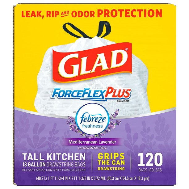 Glad ForceFlex Plus Tall Kitchen Drawstring Trash Bags, Mediterranean Lavender (13 gal., 120 ct.)