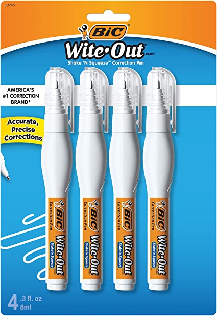 BIC Wite-Out Shake 'n Squeeze Correction Pen, 8 ml, White, 4pk.