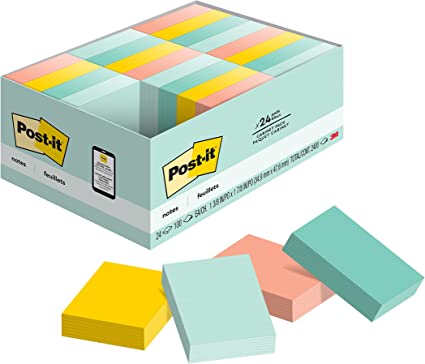 Post-it Notes Original Pads in Marseille Colors, Value Pack, 1-1/2"x2"x24/PK, 24/Pack