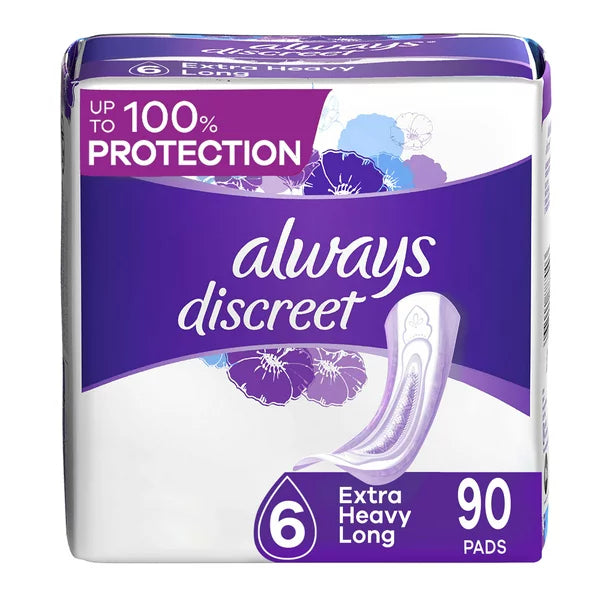 Always Discreet Incontinence Pads for Women, Extra Heavy Long, 90 Count