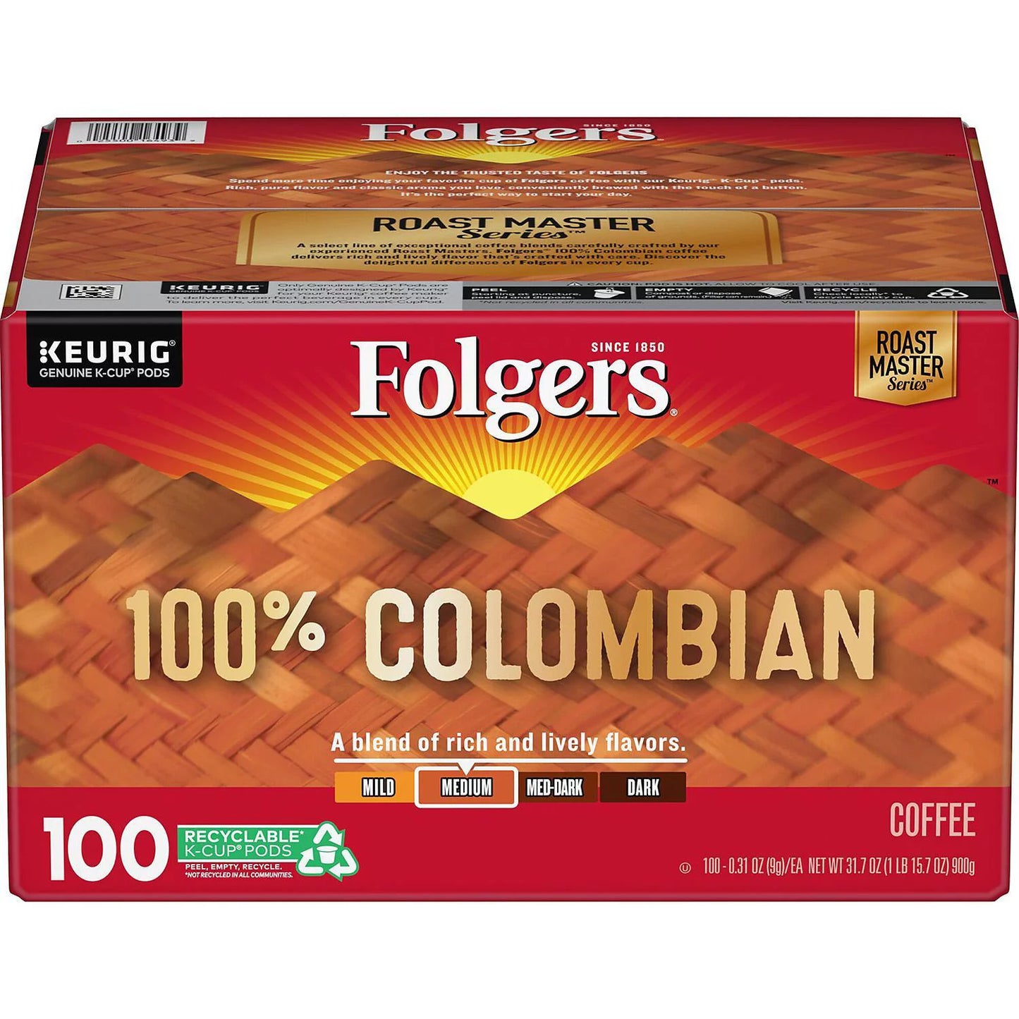 Folgers 100% Colombian Coffee K-Cups,Medium Roast (100 ct.)