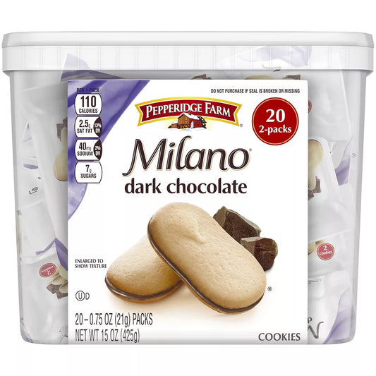 Pepperidge Farm Dark Chocolate Milano Cookies Multi-Pack Tub, 20 ct., 15 oz.
