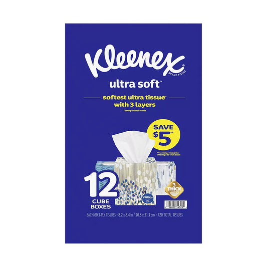 Kleenex Ultra Soft, Soft Facial Tissue, 12 Cube Boxes, 60 Tissues per Box, 3-Ply (720 Total Tissues)