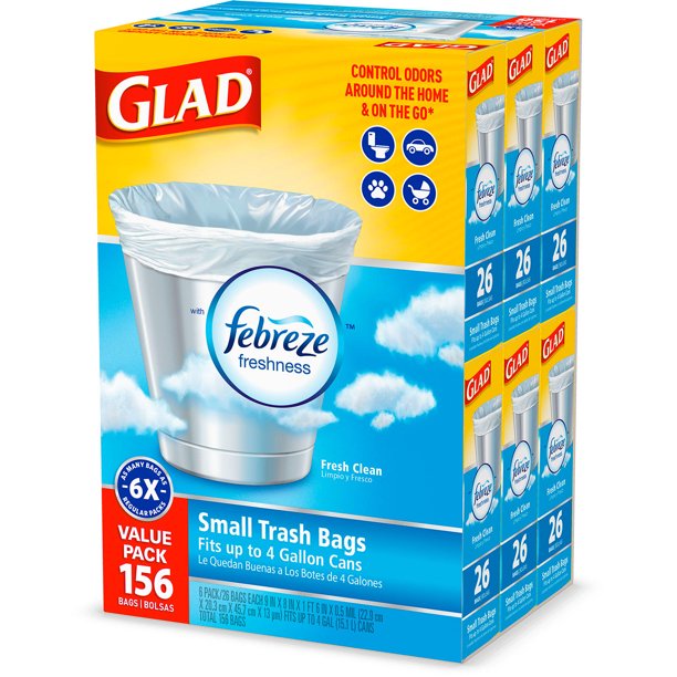 Glad Small Twist-Tie White Trash Bags, Fresh Clean Scent with Febreze Freshness (4 gal., 156 ct.)