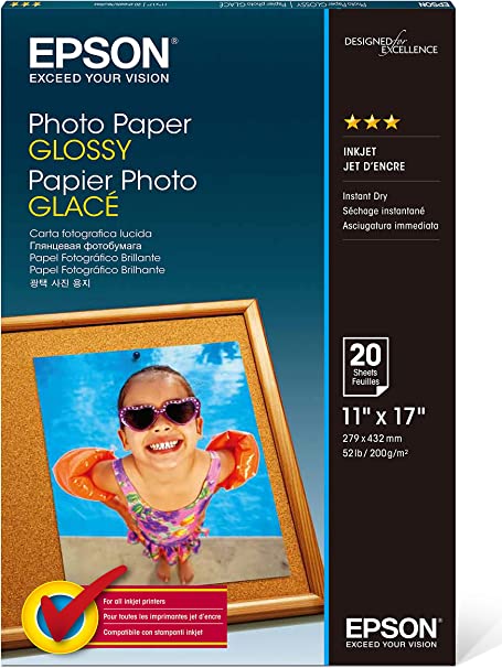 Epson Glossy Photo Paper, 52 lb., Glossy, 8.5" x 11", 100 Sheets/Pack