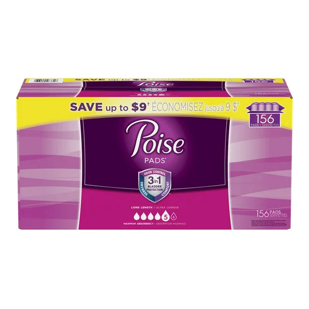 Poise Incontinence & Postpartum Pads, Maximum Absorbency, Long (156 ct.)