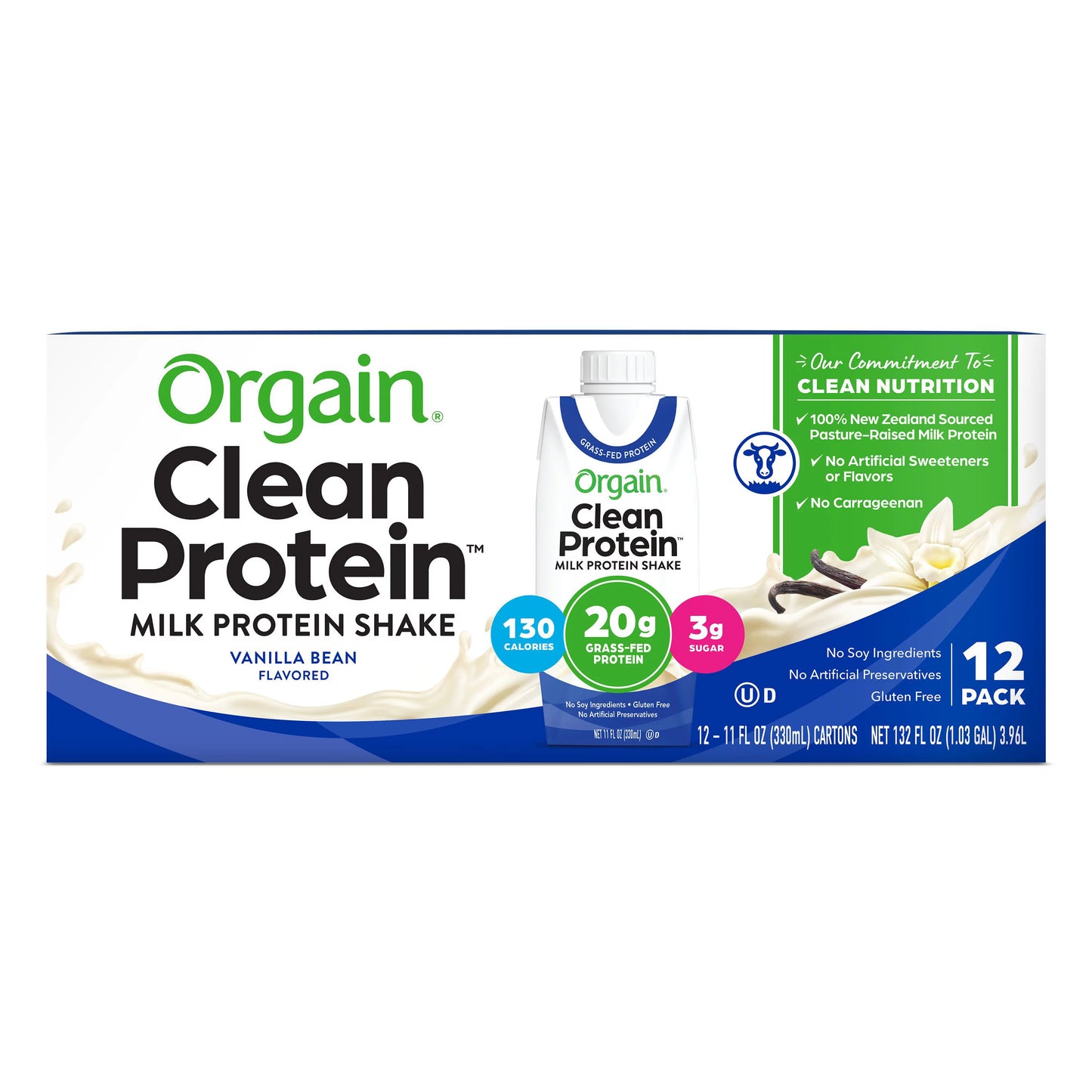 Orgain Clean Protein Grass-Fed Protein Shake, Vanilla Bean (11 fl. oz., 12 pk.)