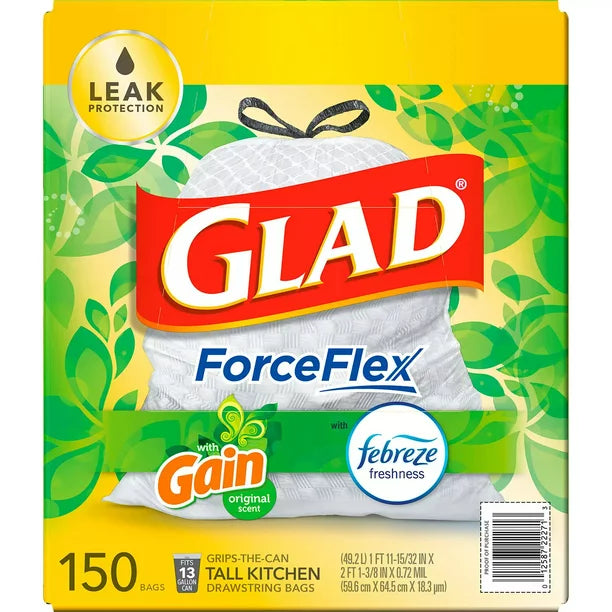 Glad ForceFlex Tall Kitchen Trash Bags, Gain Original Scent with Febreze Freshness (13 gal., 150 ct.)