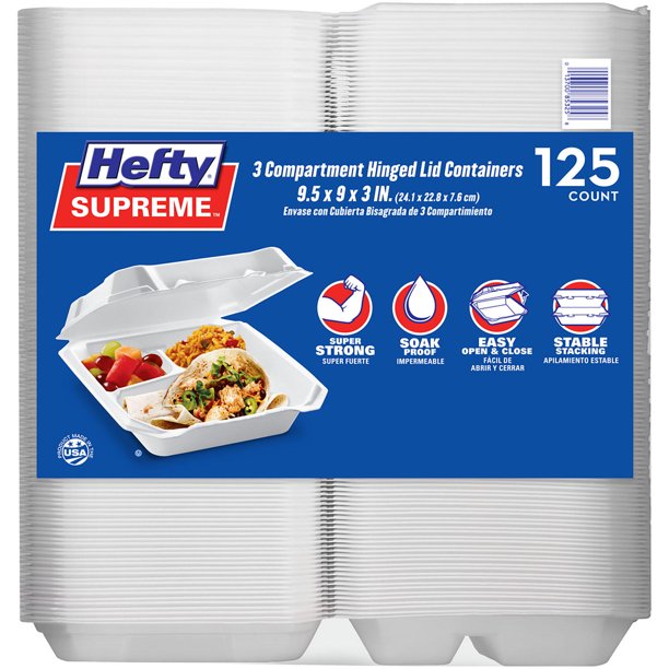 Hefty Supreme Foam Hinged Lid Container, 3-Compartment (125 ct.)