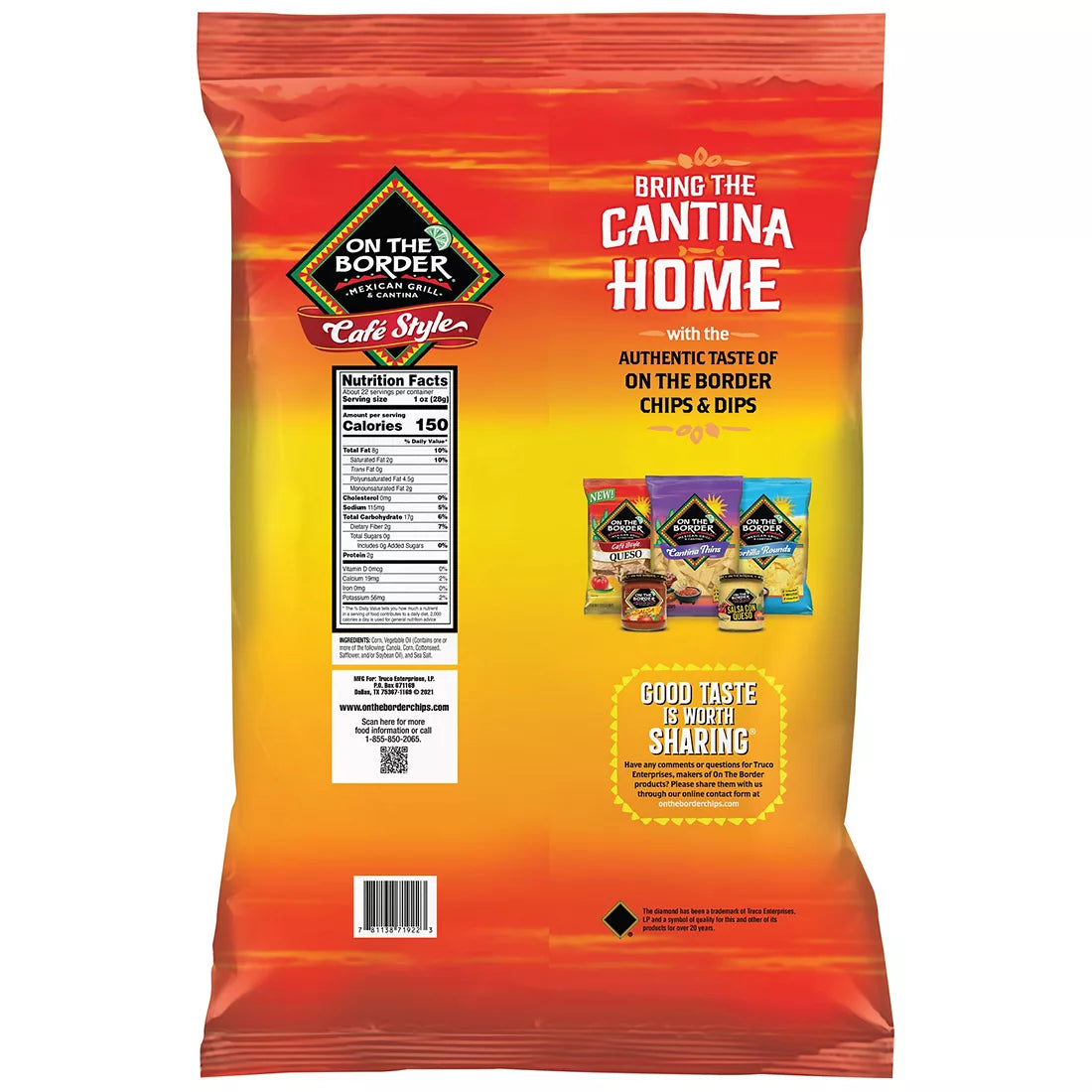 On The Border Cafe Style Tortilla Chips Bag, 22.25 oz.