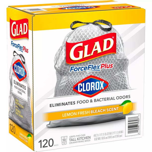 Glad ForceFlex Plus Tall Kitchen Trash Bags – With Clorox, Lemon Fresh Bleach Scent (13 gal., 120 ct.)