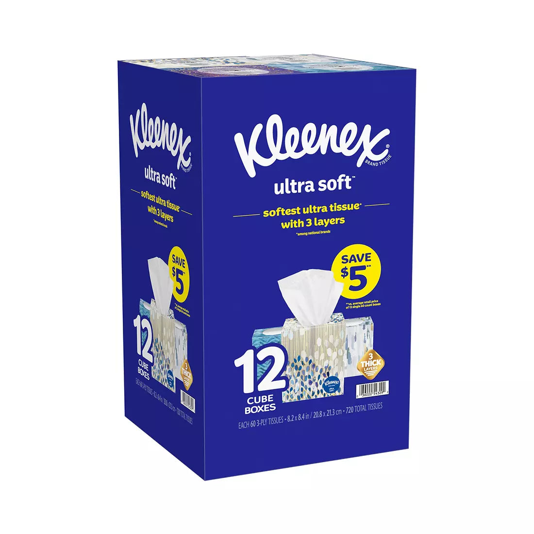 Kleenex Ultra Soft, Soft Facial Tissue, 12 Cube Boxes, 60 Tissues per Box, 3-Ply (720 Total Tissues)