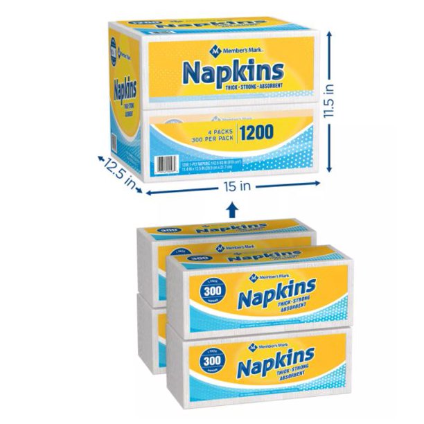 Member's Mark 1-Ply Everyday Napkins, 11.4" x 12.5" (4 pk., 300 ct. per pack, 1200 ct. total)